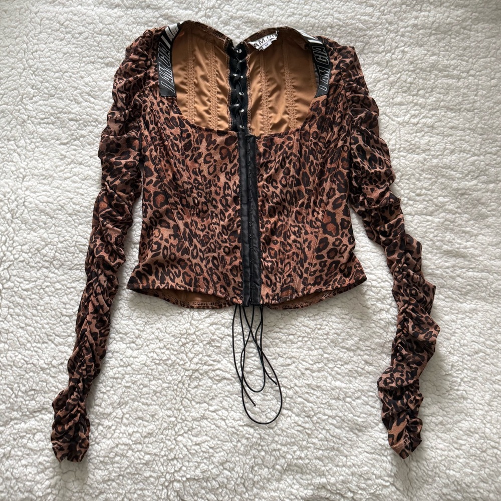 I.AM.GIA Brown Leopard Print Ruched Corset Top